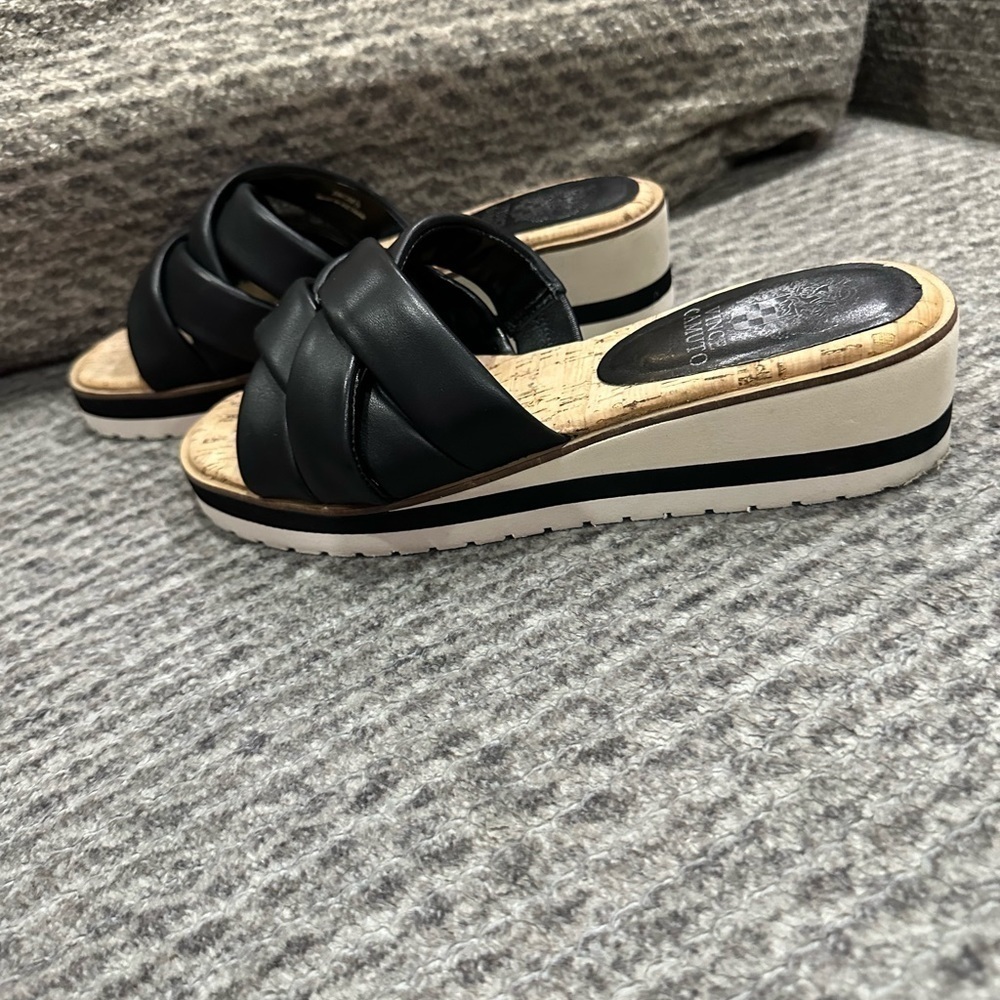 Vince Camuto black leather braided slides/sandals with cork soles and soft soles